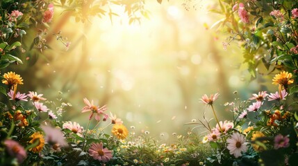 Delicate pink and yellow flowers bloom in a sunlit meadow with a soft bokeh background. AI generative.