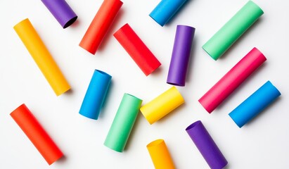 Colorful paper tubes scattered on white background. (1)