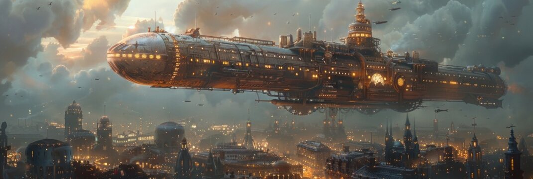 A giant steampunk airship flies over a futuristic city at night. AI generative.