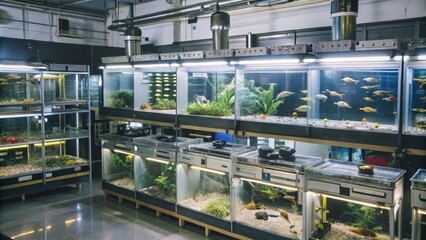 Fototapeta premium Multiple Fish Tanks with Various Fish Species and Aquatic Plants