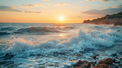 Fototapeta premium Closeup of foamy waves crashing on the shore at sunset. AI generative.