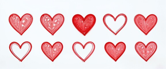 A collection of colorful red and pink hand-painted hearts against a white background, evoking love and creativity.