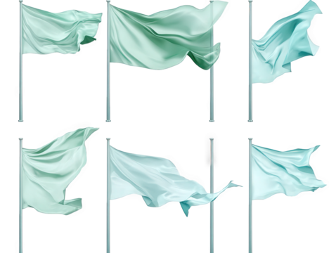 set of 6 realistic flag waving in the wind on transparent background isolated
