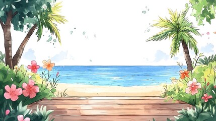 A wooden boardwalk with flowers on either side leading to a blue ocean and a sandy beach.
