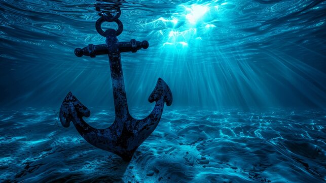 A weathered anchor lays on the ocean floor with light beams illuminating it. AI generative.