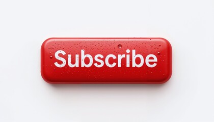 Red subscribe button with water droplets on a white background, symbolizing engagement and connectivity.