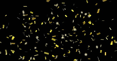 Image of gold christmas snowflakes and confetti falling on black background