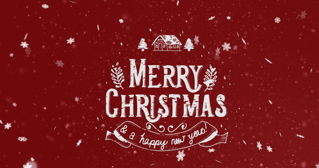 Image of white merry christmas and new year text with decoration and falling snowflakes on red