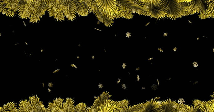 Image of gold snowflakes falling on black background with christmas tree border - Powered by Adobe