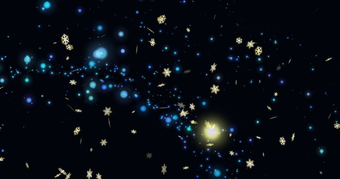 Image of gold christmas snowflakes falling with glowing blue lights on black background