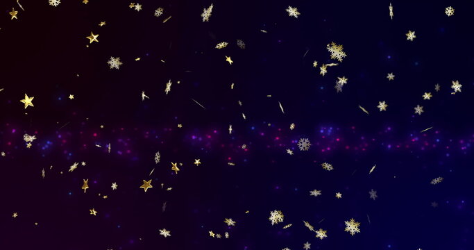 Image of gold christmas snowflakes with glowing blue and purple lights on black background