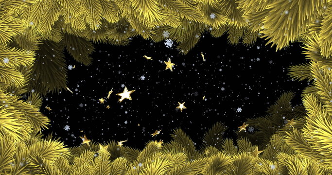 Image of falling gold stars and white snowflakes with black background and christmas tree border