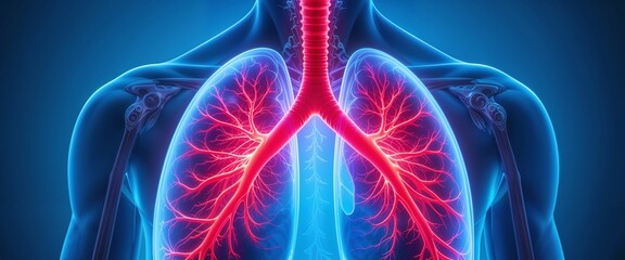 3D illustration of human lungs highlighting bronchial tubes and arteries in vibrant colors.
