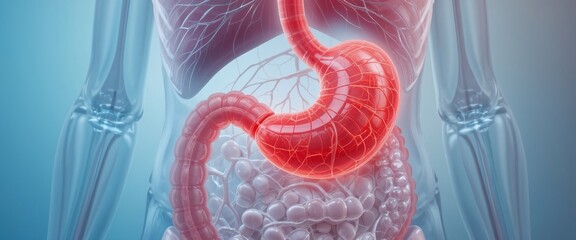 Illustration of the human digestive system highlighting the stomach and intestines with a blue background.