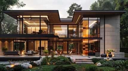 Fototapeta premium Modern house with large windows, patio and landscaping. AI generative.