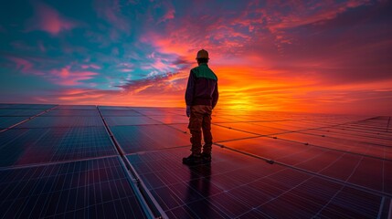 Silhouette of a person standing on a solar panel field at sunset, AI generative.