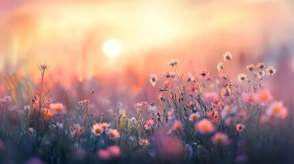 Golden sunset over sweet meadows with blurred background, tranquil nature scene