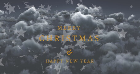 Image of christmas greetings text over stars, clouds and sky © vectorfusionart