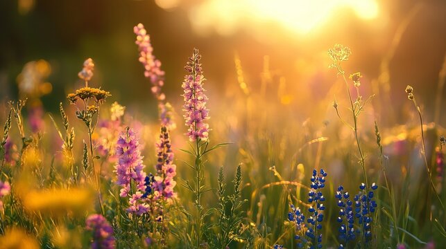 Golden sunset over sweet meadows with blurred background, tranquil nature scene