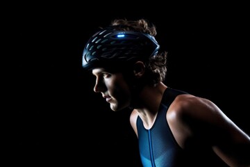 Profile shot of a person wearing a blue racing singlet and black helmet with a blue light. AI generative.