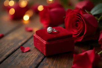 love, proposal, valentines day and holidays concept - close up of gift box with diamond engagement ring and red roses on wood over lights background