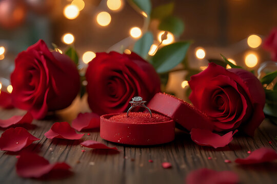 love, proposal, valentines day and holidays concept - close up of gift box with diamond engagement ring and red roses on wood over lights background