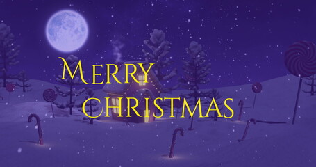 Naklejka premium Image of christmas greetings text over full moon, snow and house in winter scenery