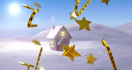 Naklejka premium Image of christmas stars and candy canes, snow and house in winter scenery