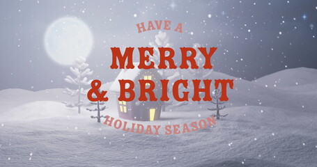 Image of christmas greetings text over snow falling and house in winter scenery © vectorfusionart