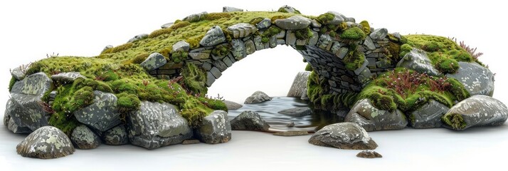 Fototapeta premium Stone arch bridge covered in moss, with a flowing stream below. AI generative.