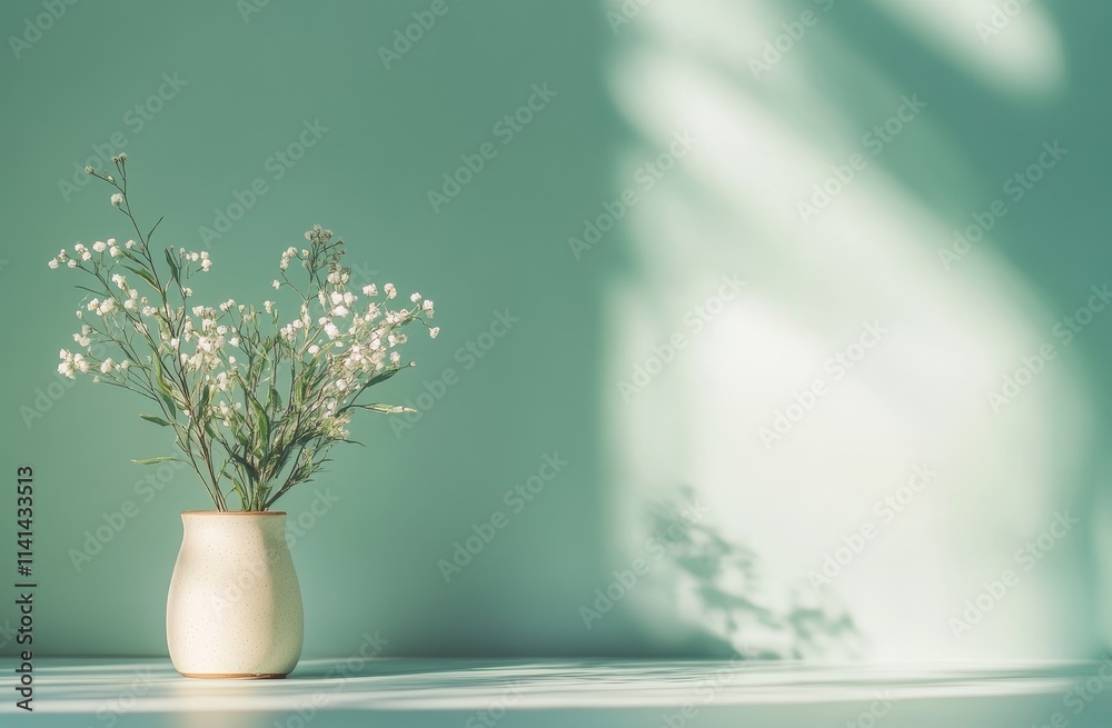 Wall mural Minimalist floral arrangement in vase, sunlit wall.