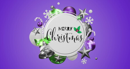 Image of christmas greetings text with decoration on purple background © vectorfusionart