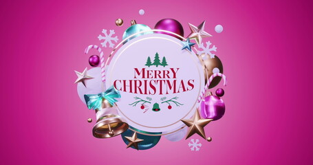 Image of christmas greetings text in frame with decoration on pink background © vectorfusionart