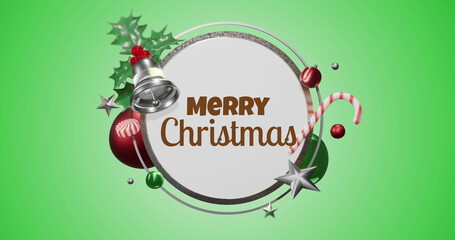 Image of christmas greetings text in frame with decoration on green background © vectorfusionart