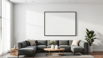 Modern living room with a wall art mockup and black frame beside a blank canvas, blank, mockup