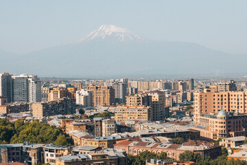 Yerevan rooftop view in historical center with huge mountain Ararat in the background