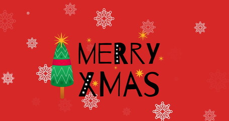 Image of snow falling and merry xmas text on red background