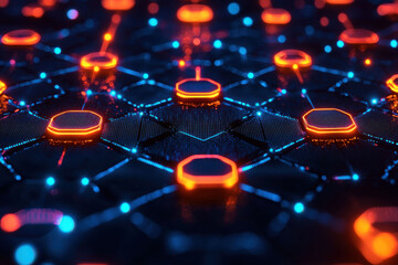 Futuristic abstract background with glowing hexagons and interconnected nodes