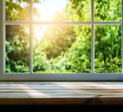 Fototapeta Sunlit wooden window sill with blurred green garden view.