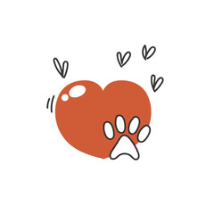 pet paw and heart love sign in doodle sketch cartoon icon