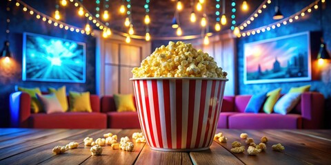 Large Striped Bucket of Buttery Popcorn Ready for Movie Night, Cozy Home Theater Experience, Family Movie Time, Snack Treat, Movie Snacks, Entertainment Essentials