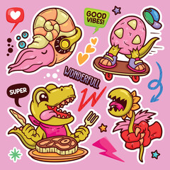 Dinosaurs Sticker Balloon Hand Drawn Doodle Element Vector Collection 