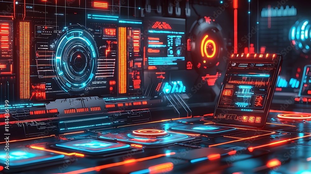 Poster futuristic control room interface with glowing displays and digital data.