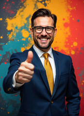 Cheerful business professional giving thumbs up studio setting portrait colorful background positive vibe