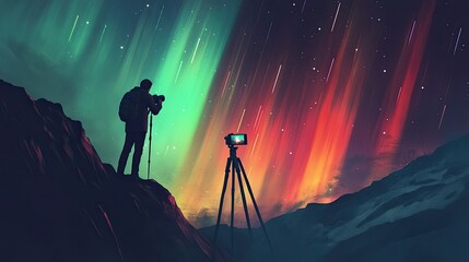 Fototapeta premium A man uses a camera to capture the long radiation trails of stars in the sky above them