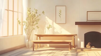 Sunlit room warmly embraces wooden furniture and greenery photo. AI Generated