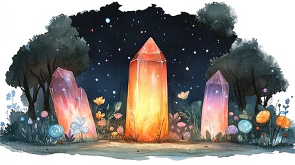 Three glowing crystals in a field of flowers under a starry night sky.