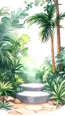 Fototapeta premium Two stone steps leading into a lush tropical garden.