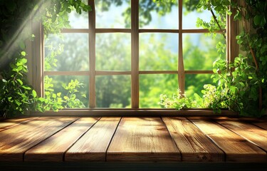 Sunny spring scene viewed through a rustic window with wooden table.