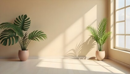 Fototapeta premium A tropical indoor scene with palm leaves and sunlight streaming through a window , creating a warm and serene atmosphere